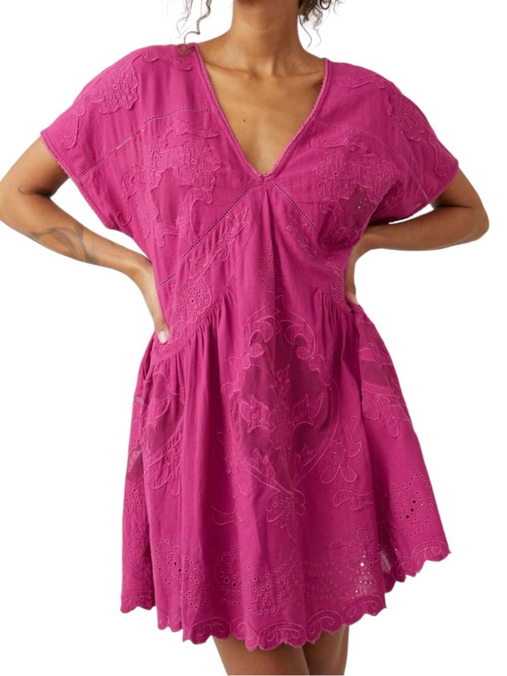 100% Cotton Free People Serenity Daylight Magenta Embroidered Babydoll Dress